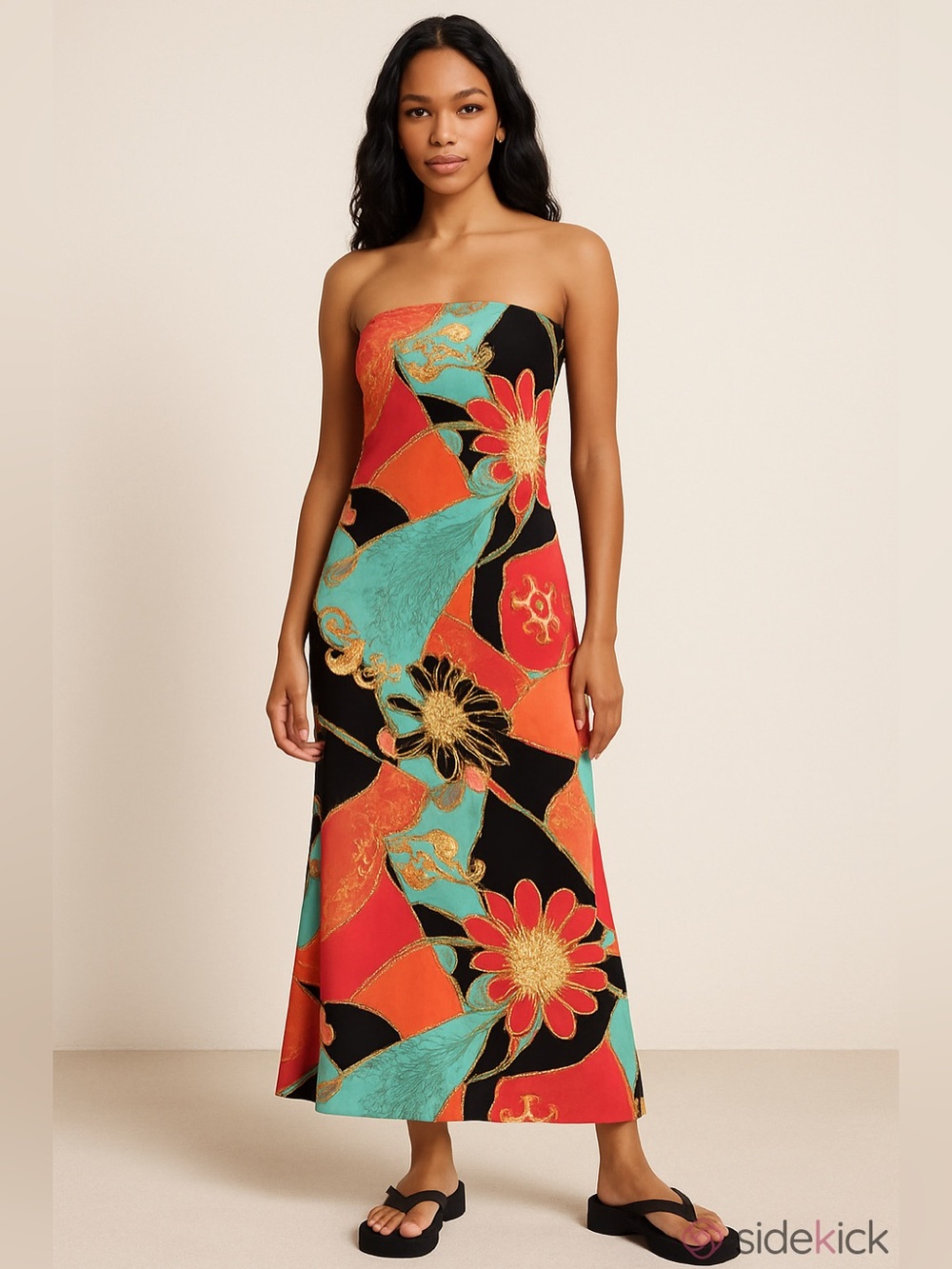 Vintage Cache Women’s Maxi Dress Chain Tassel Vibrant Print L 90s Y2K Stretch